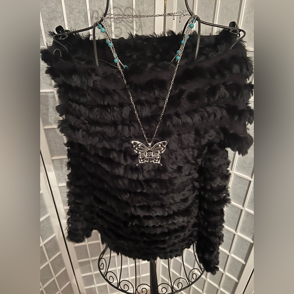 BCBG MAXAZRIA Rabbit Fur Off-Shoulder Top Black NWT - Picture 7 of 15